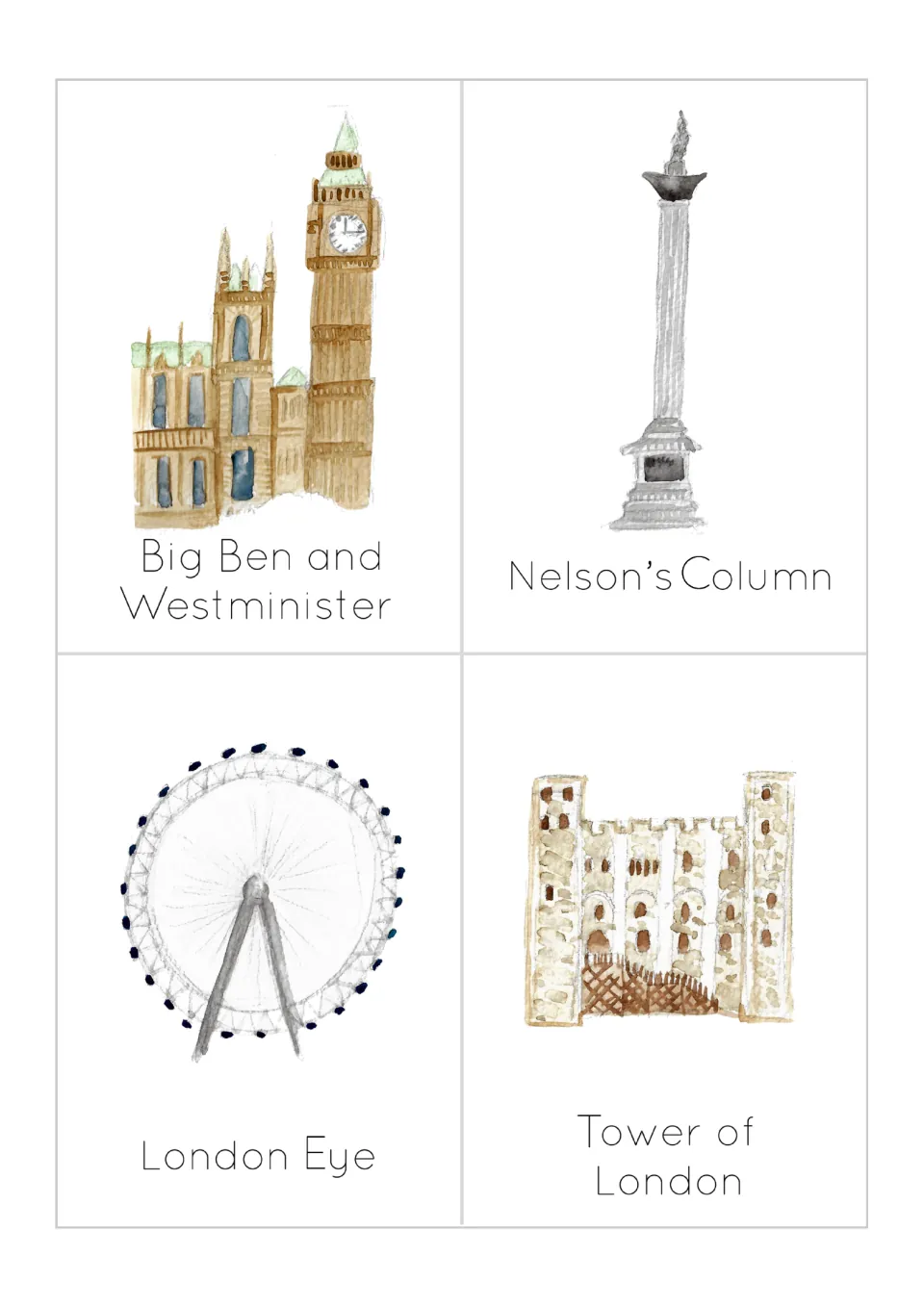Picture cards for Big Ben and Westminster, Nelson's Column, London Eye and Tower of London: students name each building
