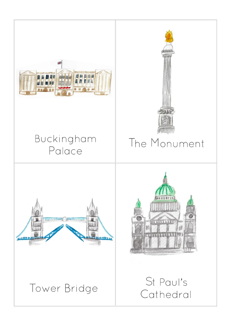 Second card set: Buckingham Palace, The Monument, Tower Bridge and St Paul's Cathedral for landmark recognition practice