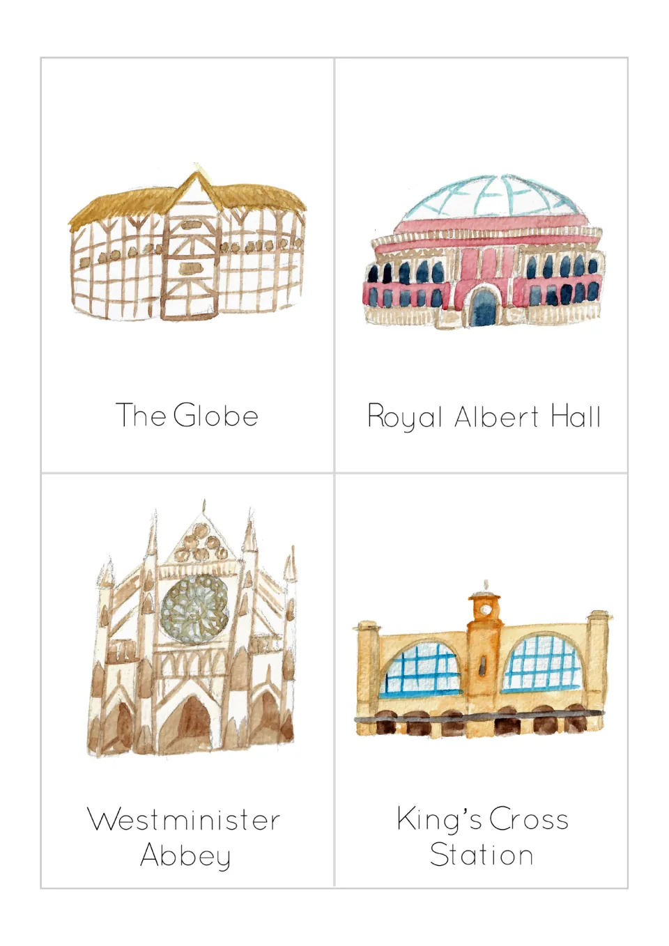 Final four cards: The Globe, Royal Albert Hall, Westminster Abbey and King's Cross Station, labelled for identifying sights