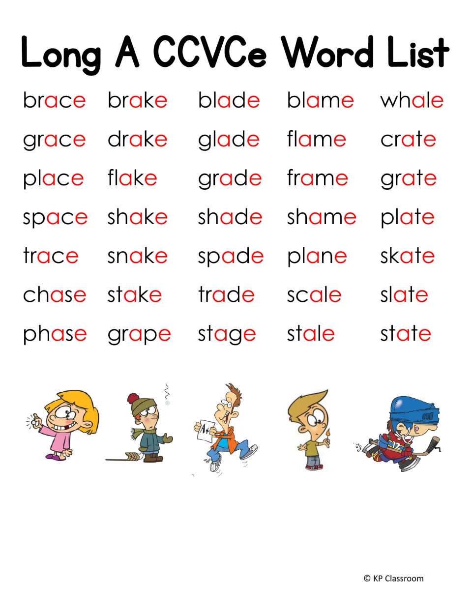 Long A CCVCe word list: 35 words such as brace, flake, blade, flame and skate, with the vowel and final e shown in red