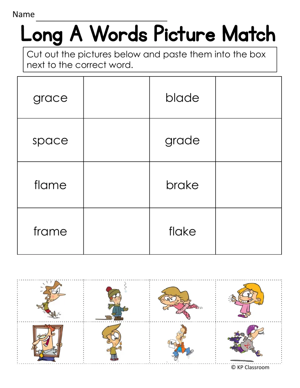 Long A picture match: students cut out 8 pictures and paste each beside its word, such as grace, blade, flame or brake