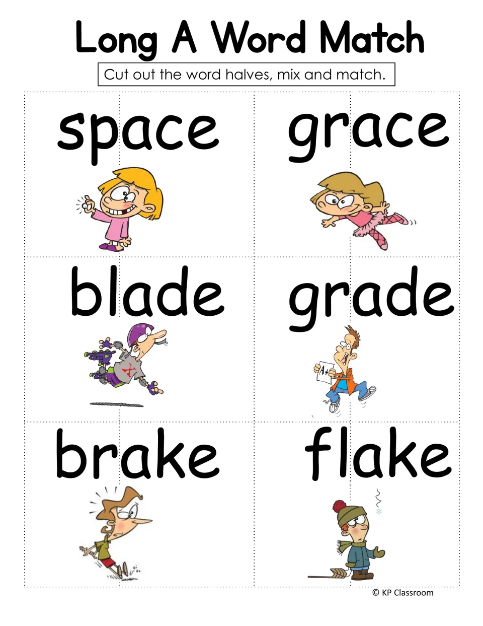 Long A word match: students cut picture cards for space, grace, blade, grade, brake and flake in half to mix and match