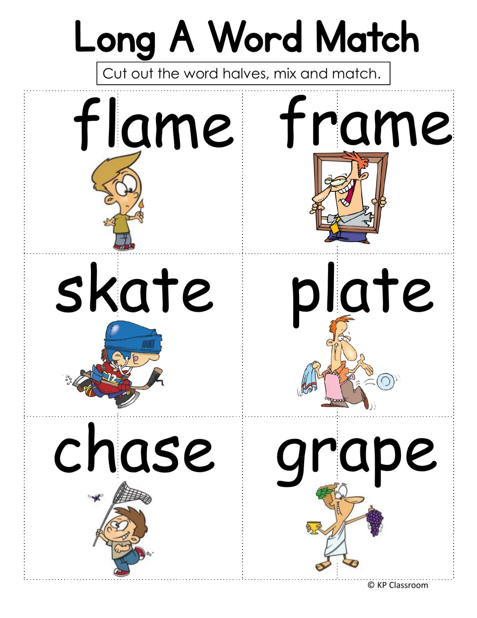 Long A word match, set two: students cut word halves for flame, frame, skate, plate, chase and grape, then rejoin them