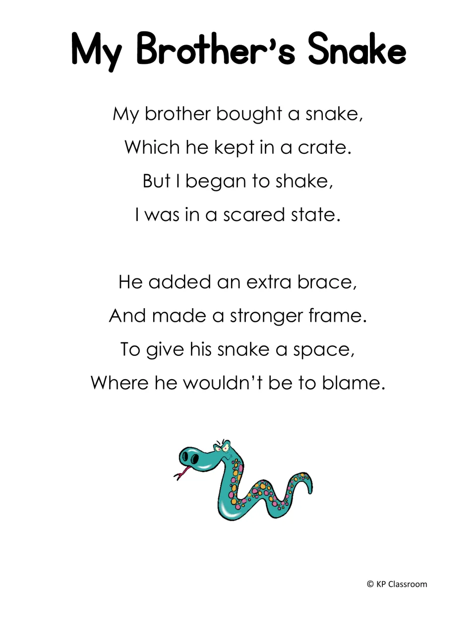 Poem 'My Brother's Snake': two rhyming verses for reading long a words like snake, crate, shake, brace, frame and blame