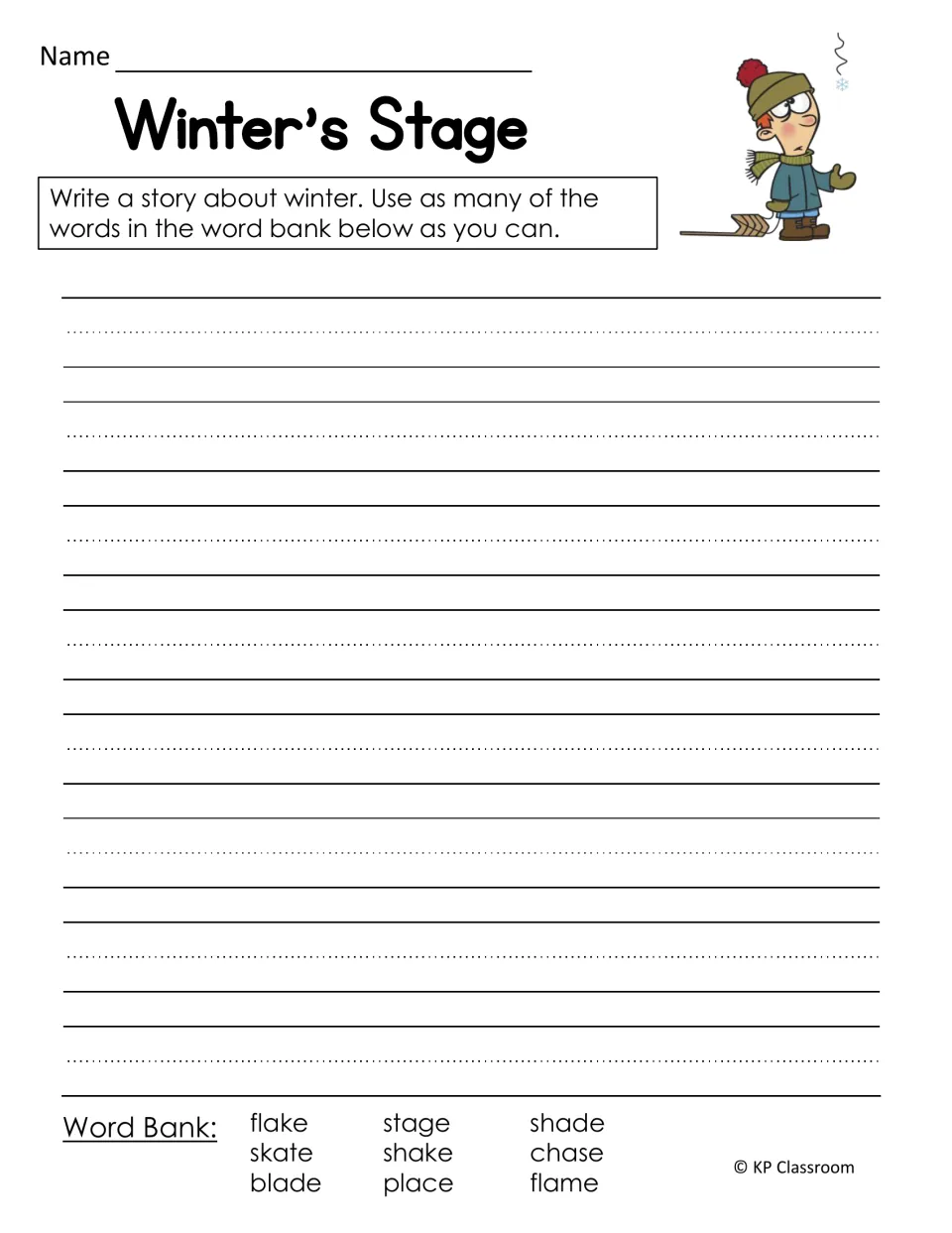 Winter's Stage writing prompt: students write a winter story using word bank words such as flake, skate, stage and shade
