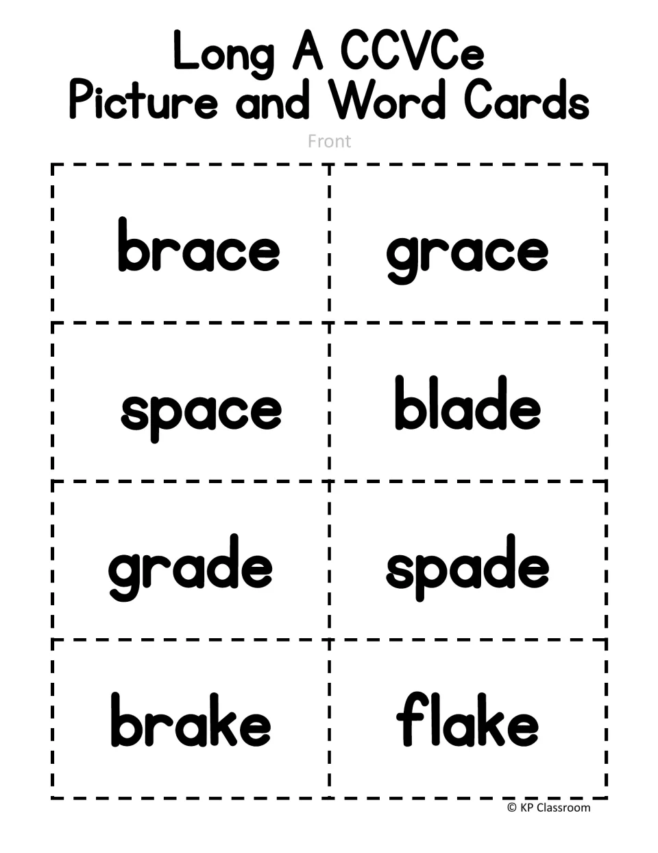 Long A picture and word cards, front: eight cards reading brace, grace, space, blade, grade, spade, brake and flake to cut out