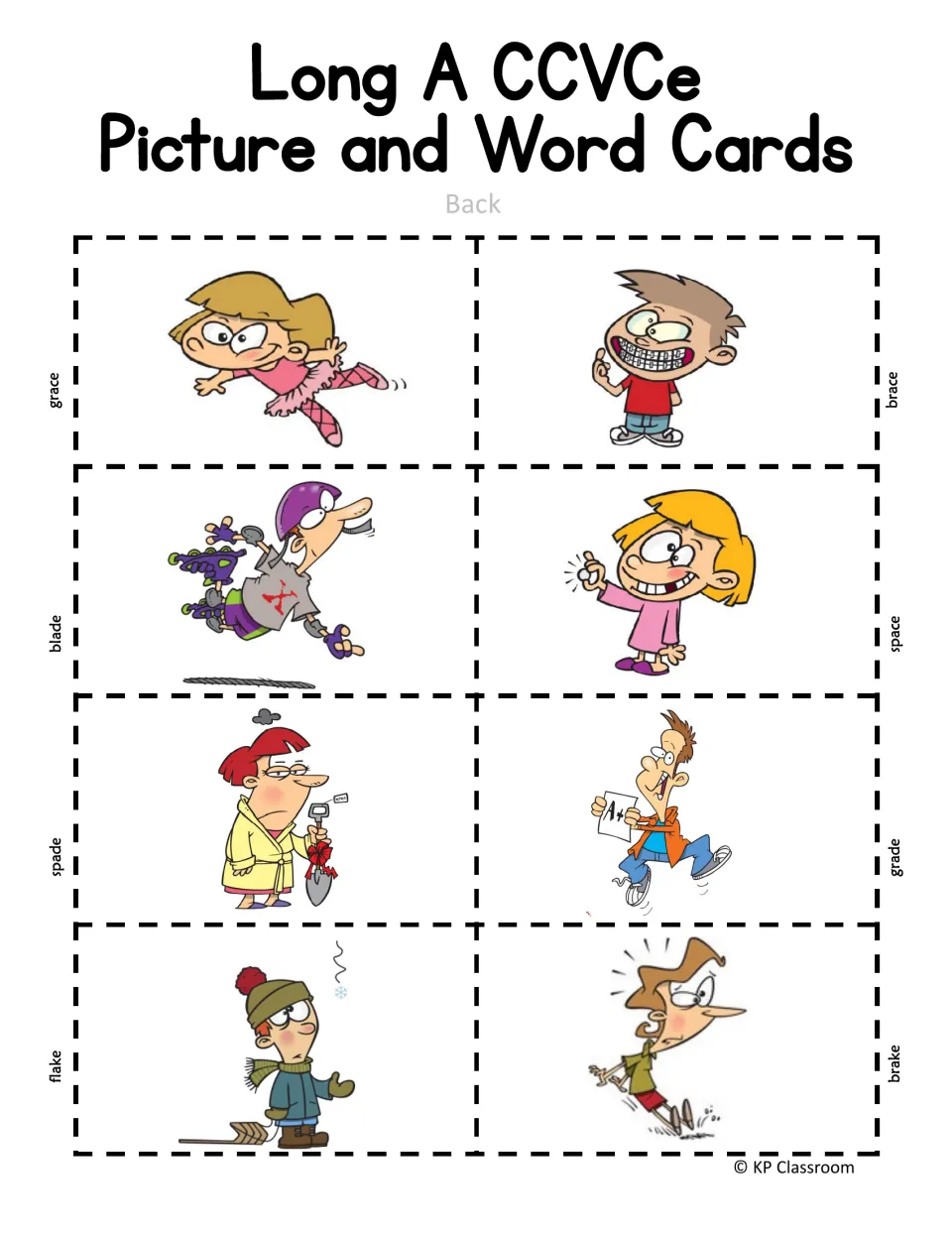 Long A picture and word cards, back: pictures for grace, brace, blade, space, spade, grade, flake and brake, each labeled