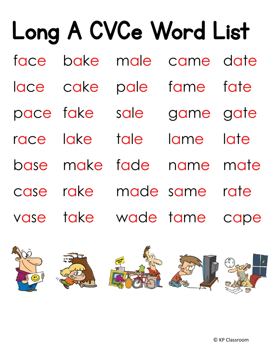 Long A word list of 35 CVCe words such as face, bake, male, came and date, with pictures of a face, cake, sale and game