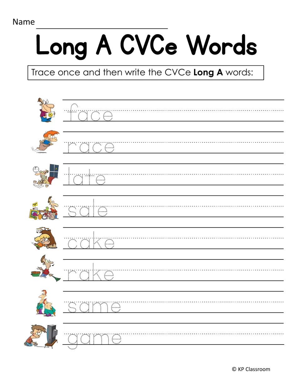 Tracing and writing long A words: students trace face, race, late, sale, cake, rake, same and game, then write each one