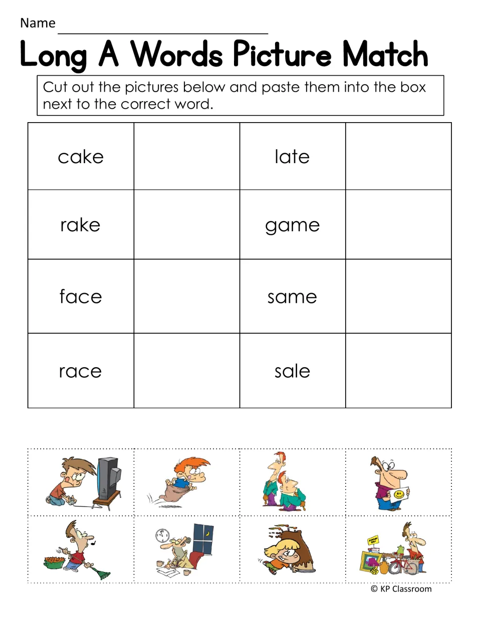 Long A picture match: students paste eight cut-out pictures beside cake, late, rake, game, face, same, race, sale