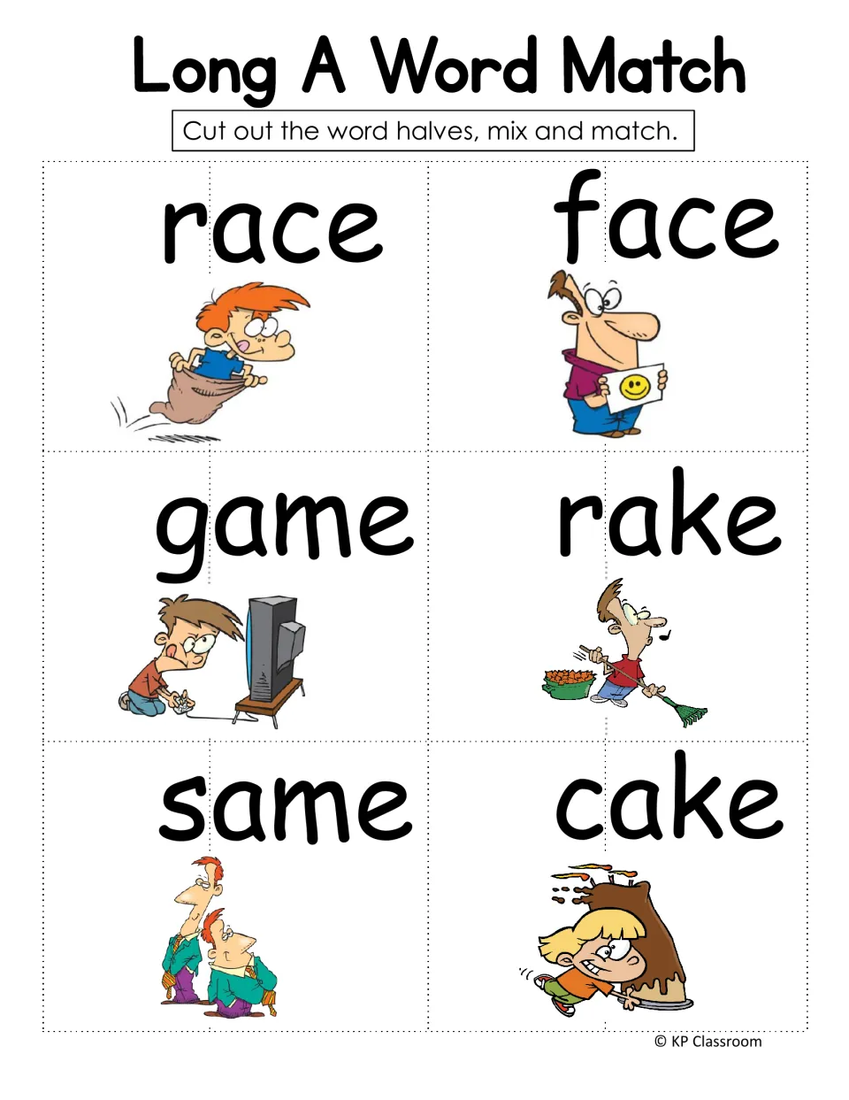 Long A word match: students cut apart six cards showing race, face, game, rake, same and cake, then mix and match