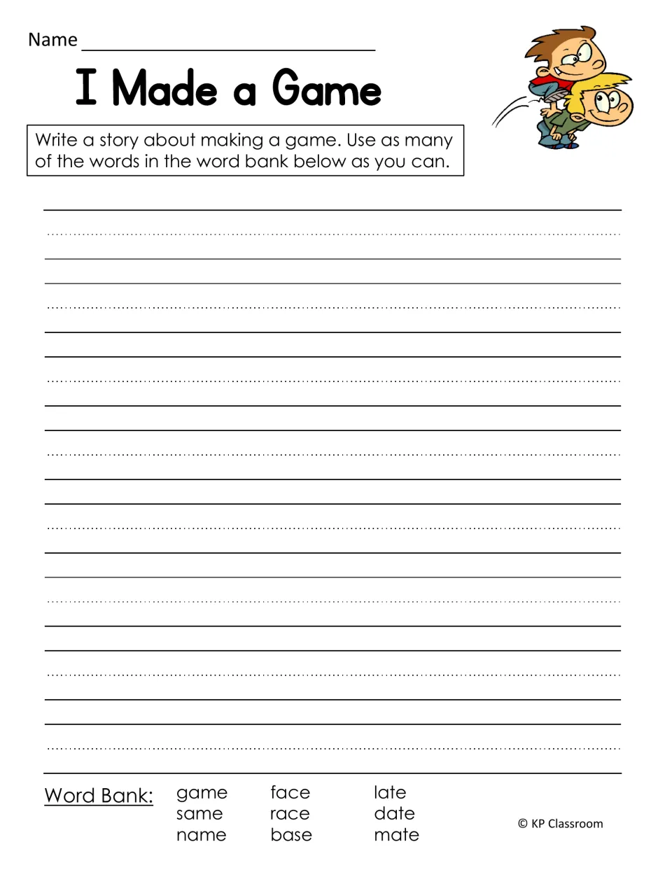 I Made a Game writing: students write a story about making a game using a word bank of long A words like face, late, name