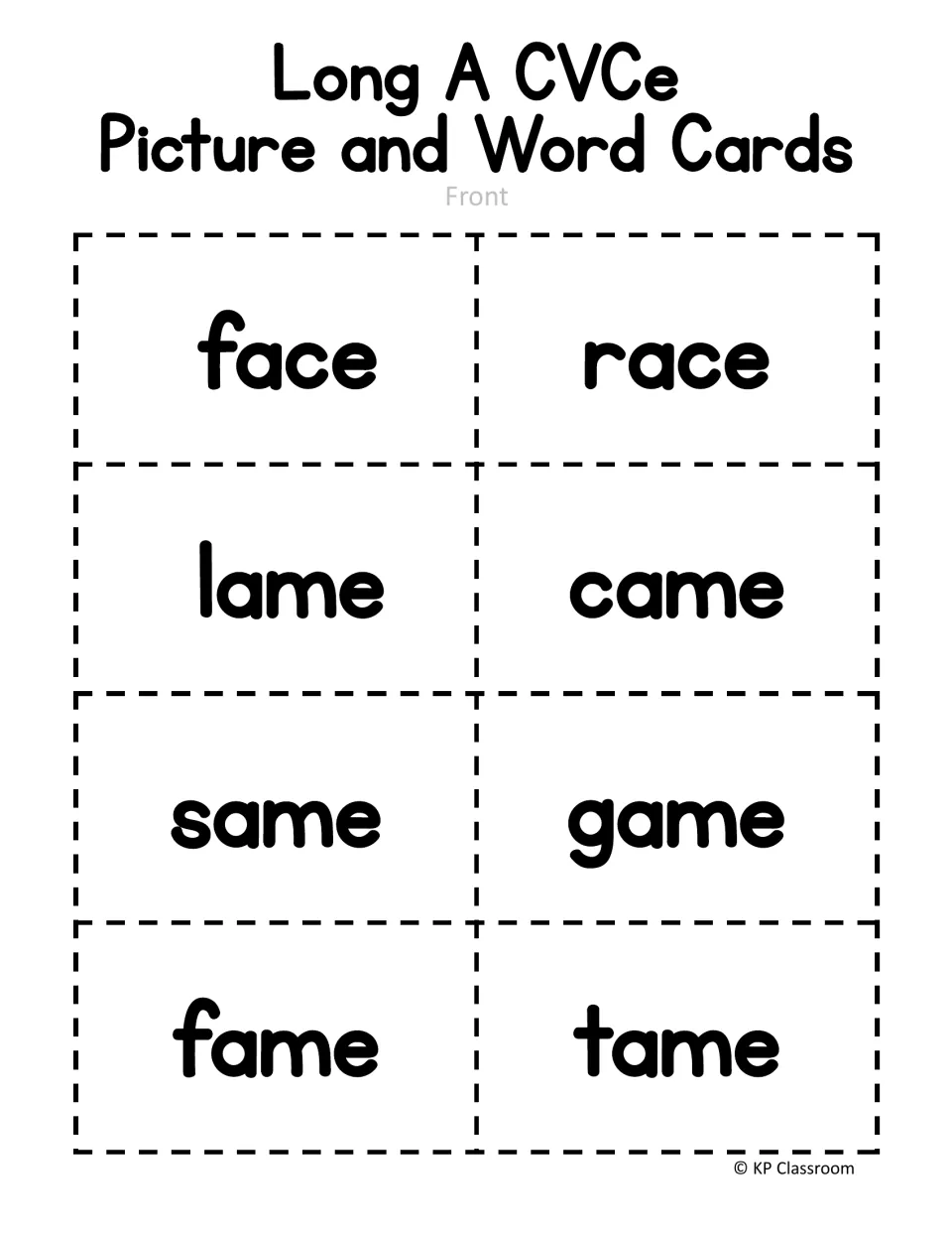 Long A picture and word cards, front side: eight cut-out word cards face, race, lame, came, same, game, fame and tame