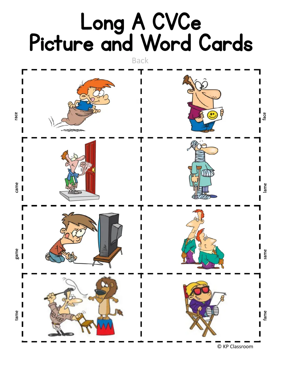 Long A picture and word cards, back side: eight cut-out pictures for race, face, came, lame, game, same, tame and fame