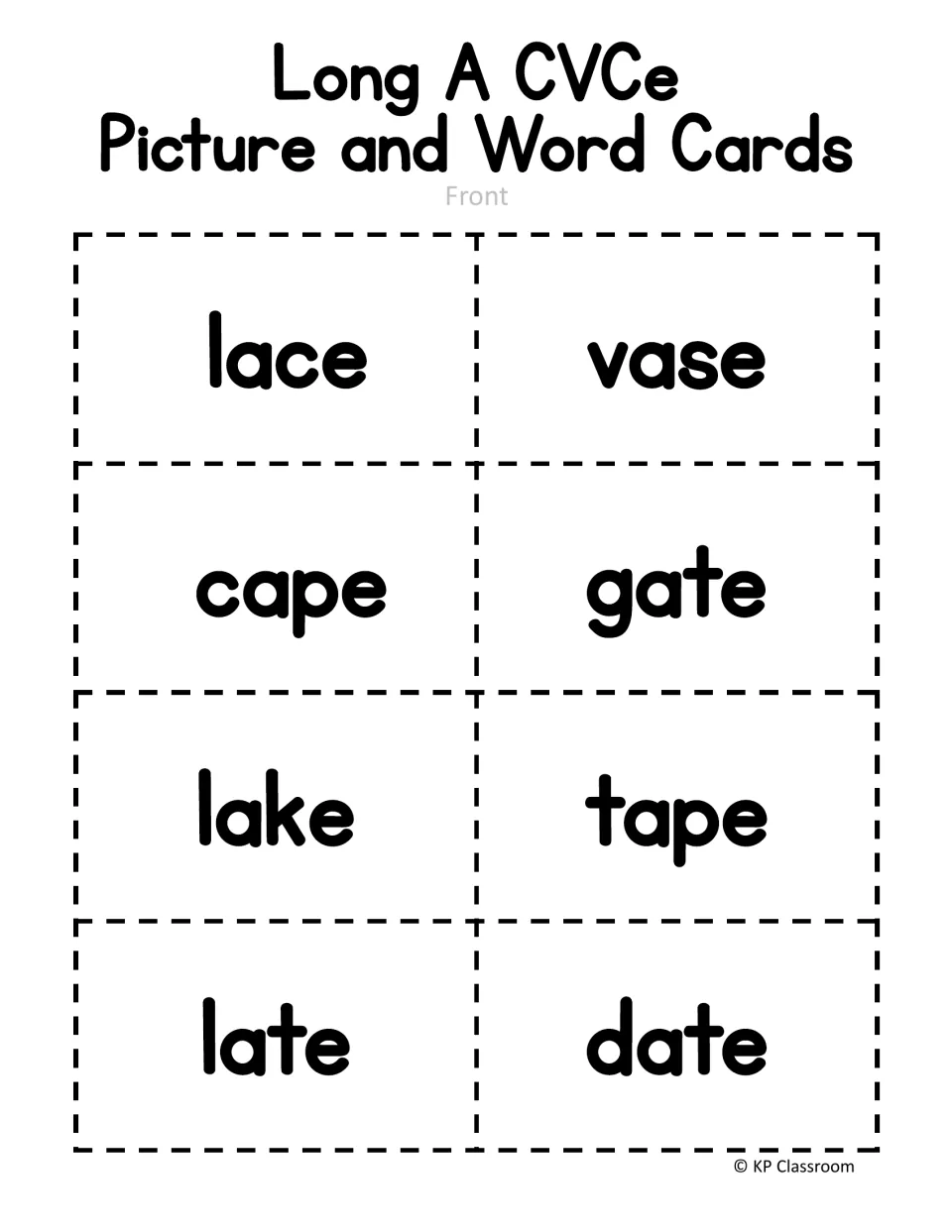 Long A picture and word cards, second set front: eight cut-out cards lace, vase, cape, gate, lake, tape, late and date