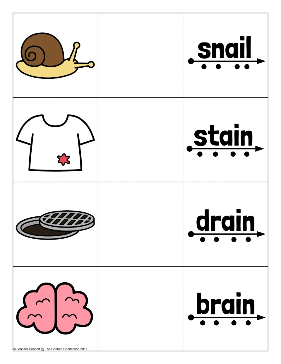 Long a ai blending cards: snail, stain, drain and brain, each word over a sound-dot arrow beside a matching picture