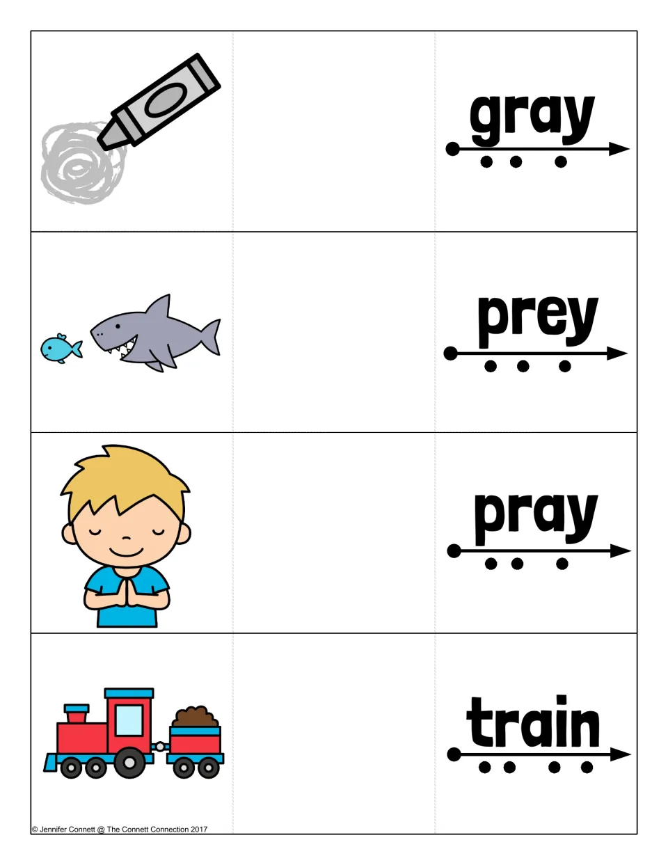 Long a blending cards: gray, prey, pray and train, word over sound dots beside a crayon, shark, praying boy, train