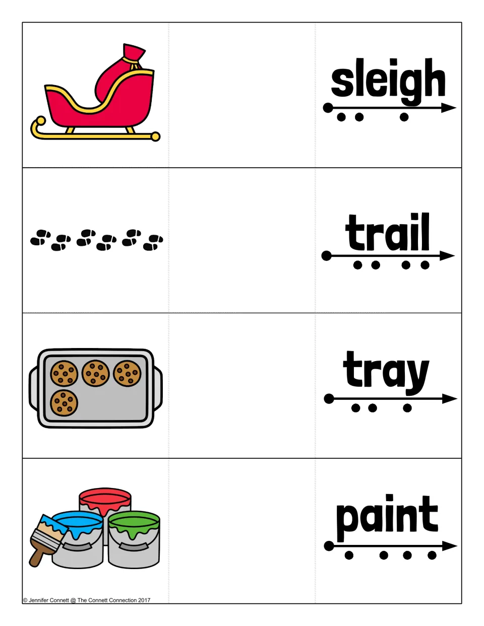 Long a blending cards for sleigh, trail, tray and paint, pictured as a sled, footprints, cookie tray and paint cans