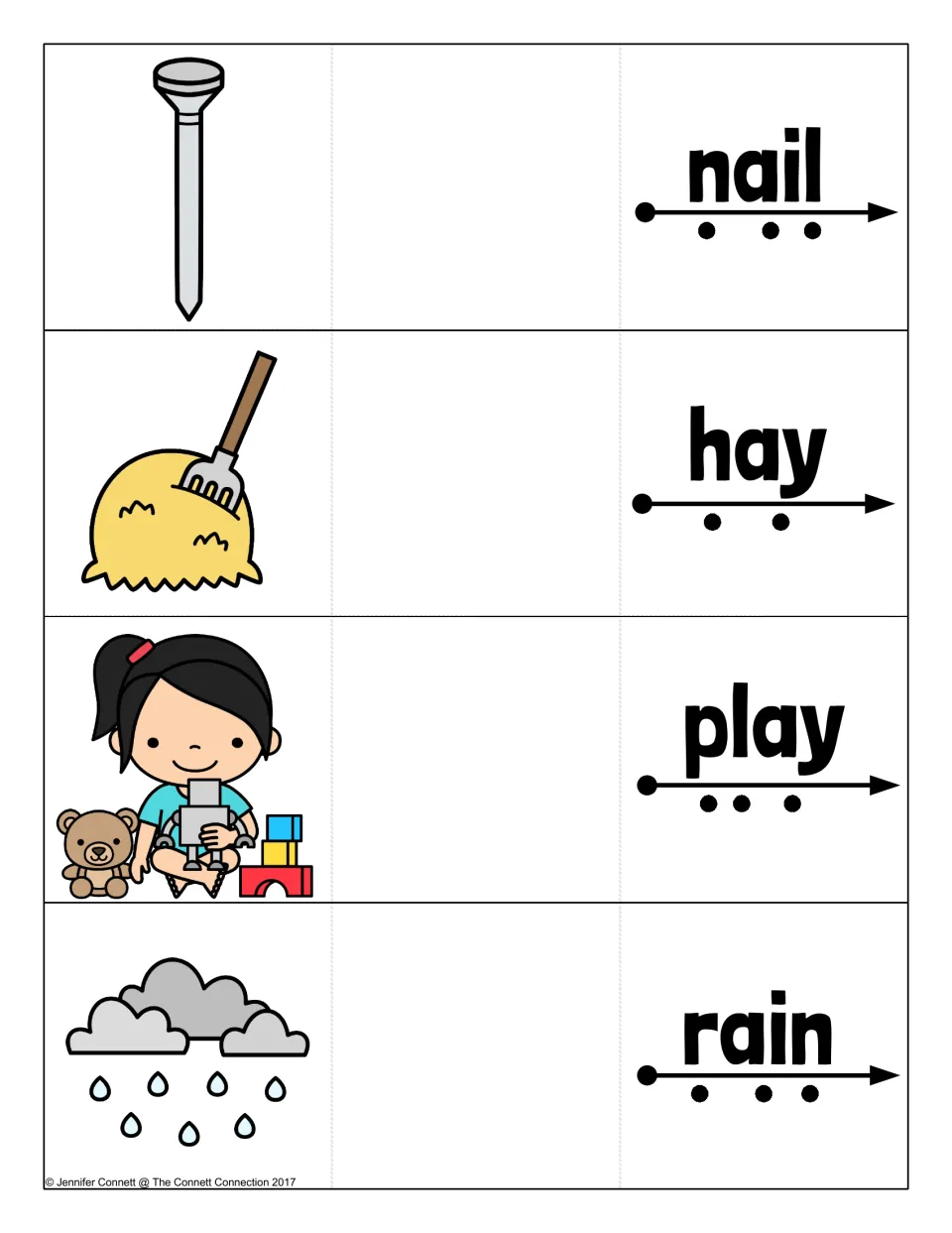 Long a blending cards for nail, hay, play and rain, shown with a nail, hay bale, child with toys and a rain cloud