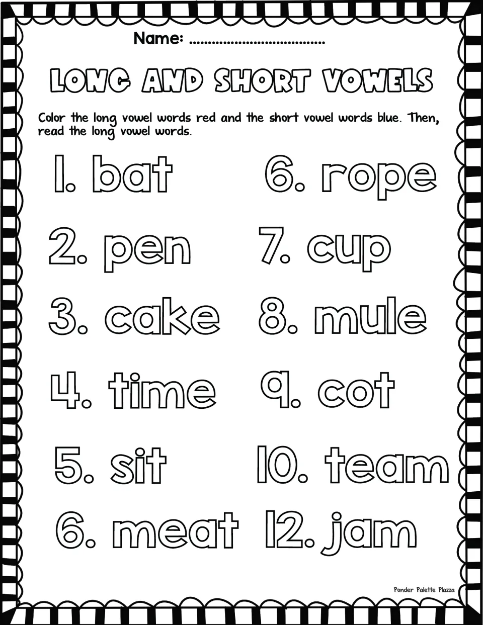 Long and short vowels: students color long vowel words like cake and rope red and short ones like bat and pen blue
