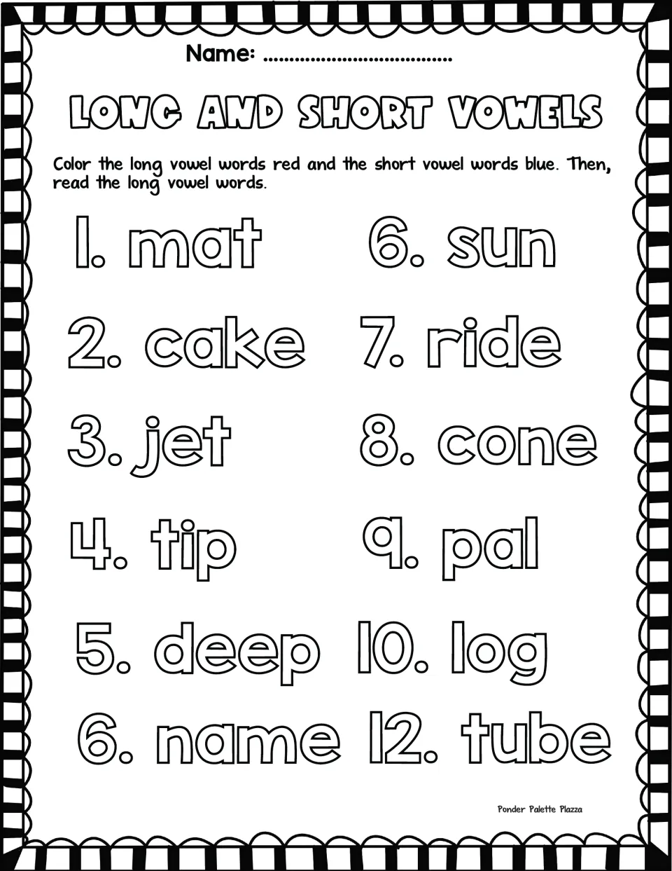 Vowel sounds: students color mat, jet, sun and log blue and cake, ride, cone and tube red, then read the long vowel words