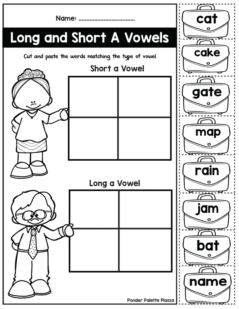 Long a vs short a sort: students cut out 8 briefcase words such as cat, cake, rain and map and paste each under its vowel