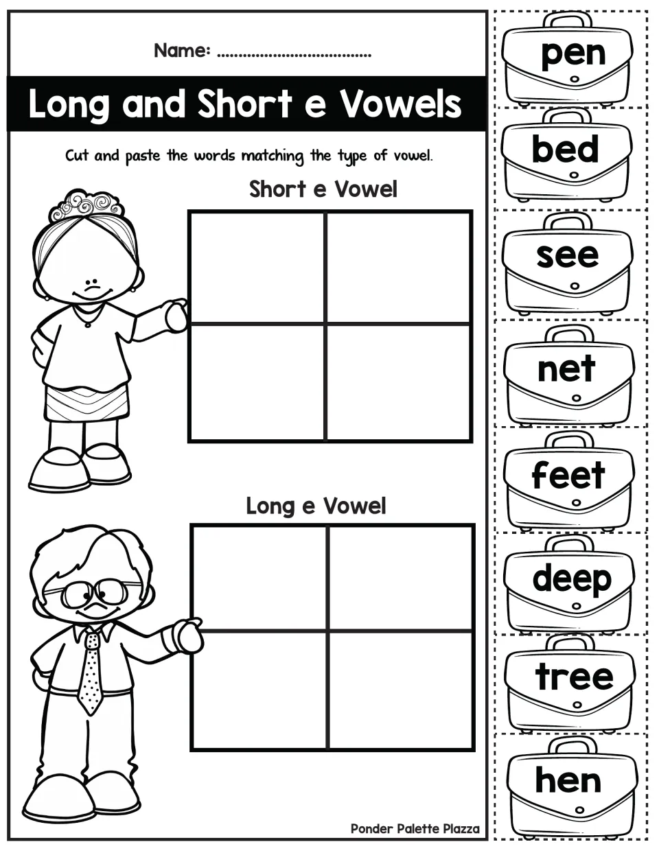 Short e and long e sort: students cut out 8 word cards, including bed, net, feet and tree, and paste them by vowel sound