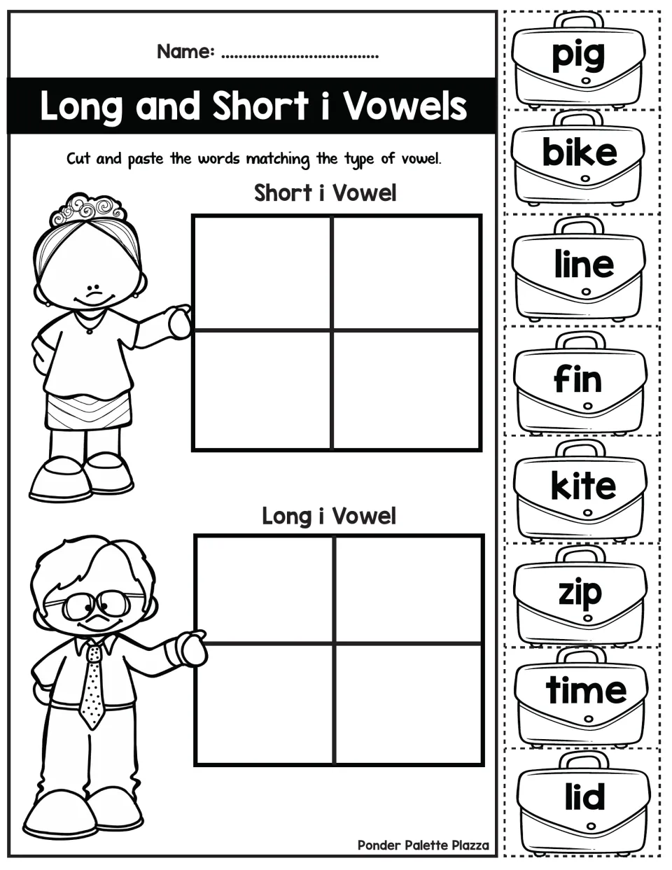 Long and short i vowel sort: students sort pig, fin, kite, time and 4 more cut-out words into short i and long i groups
