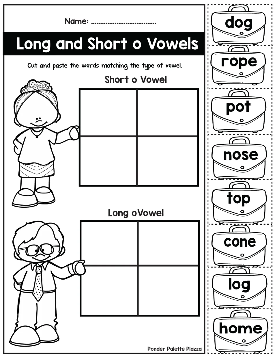 Short o vs long o: students cut and paste 8 words, from dog and pot to rope and home, matching each to its vowel sound