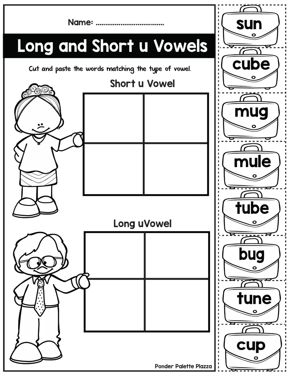 Short u and long u word sort: students cut out sun, mug, cube, mule and other words and paste each under the matching sound