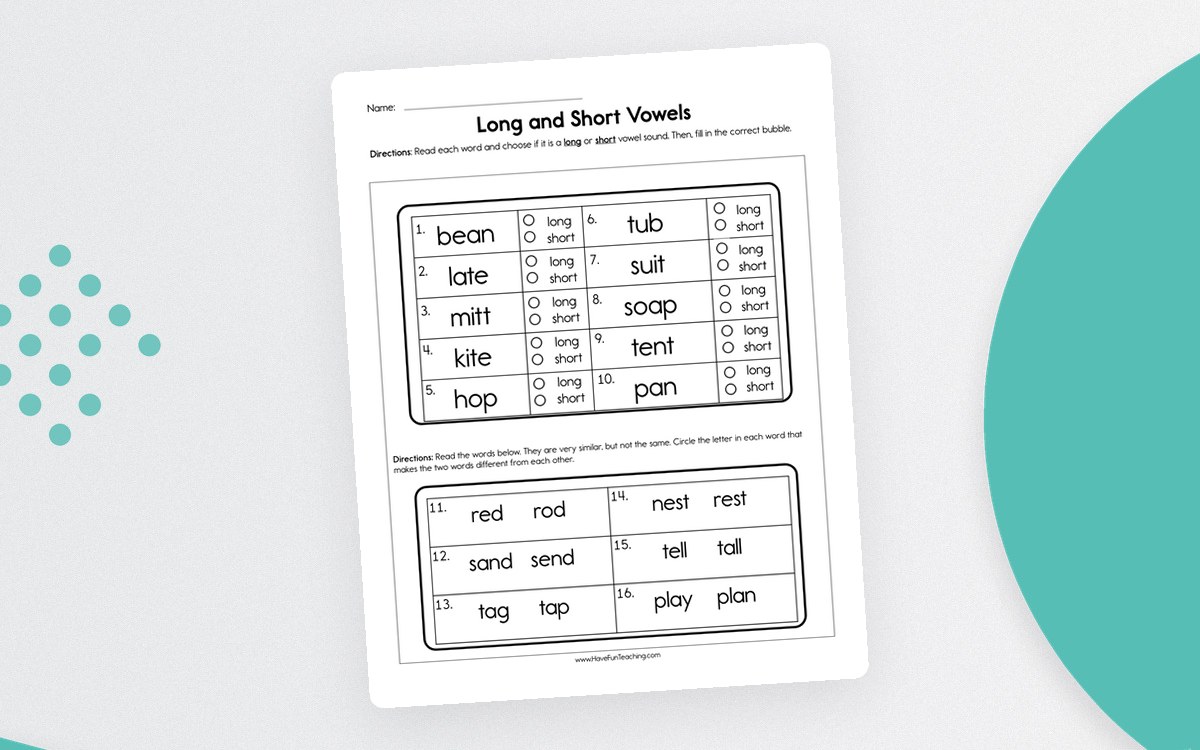 Long and Short Vowels Worksheet teaching resource preview