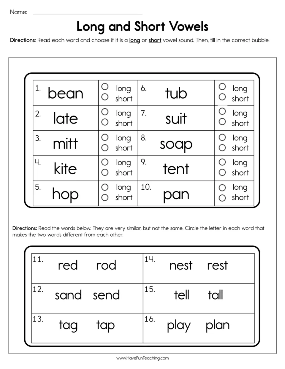 Vowel sounds: students mark 10 words like bean and hop as long or short, then circle the letter that differs in word pairs
