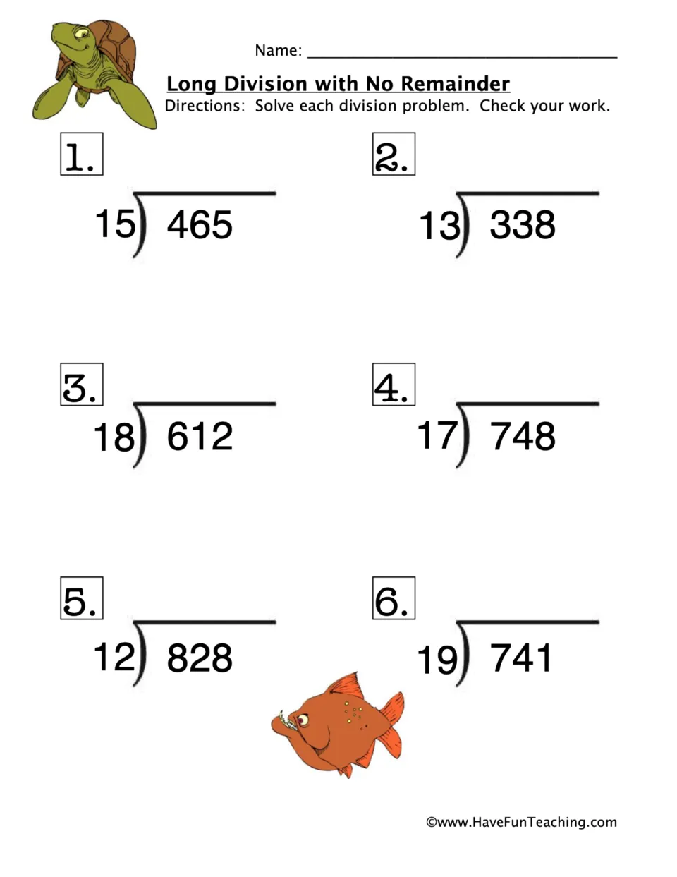 Long division with no remainder: students divide 3-digit numbers by 2-digit divisors, such as 465 ÷ 15, in 6 problems