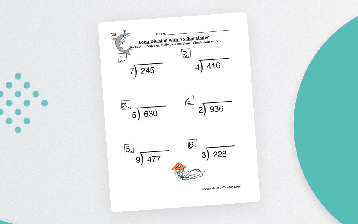 Long Division with No Remainder worksheet with six bracketed division problems