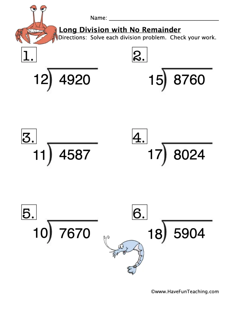 Long division with no remainder: students solve 6 problems dividing 4-digit numbers by 2-digit divisors from 10 to 18