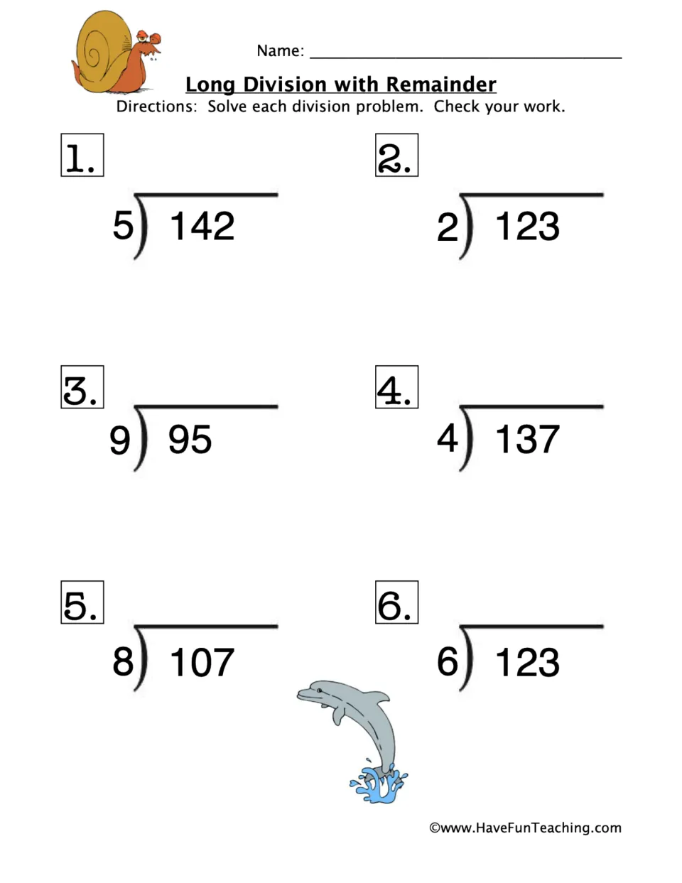 Long division with remainder: students solve 6 problems such as 142 ÷ 5, 95 ÷ 9 and 123 ÷ 6, then check their work