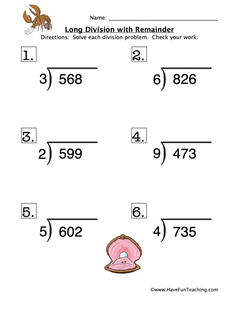 Long division with remainder: students solve 6 three-digit by one-digit problems, such as 568 ÷ 3, and check their work