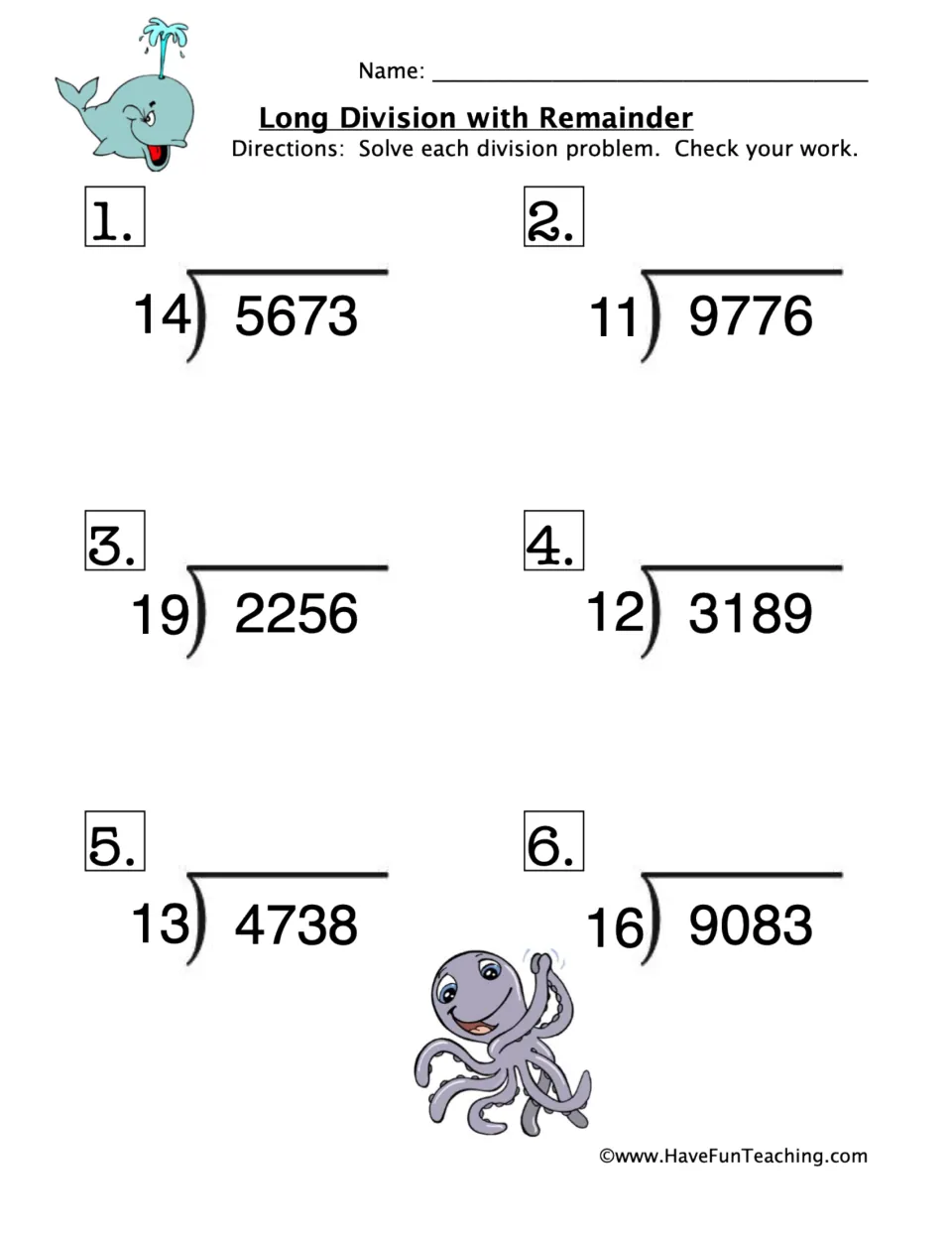 Long division with remainders: students solve 6 problems dividing 4-digit numbers by 2-digit divisors, like 5673 ÷ 14