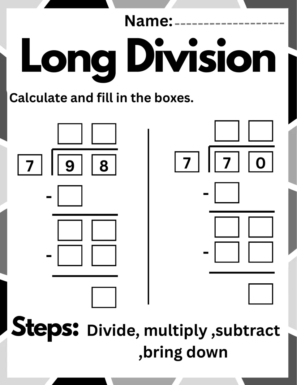 Long division problems, 98 divided by 7 and 70 divided by 7, worked step by step: divide, multiply, subtract, bring down