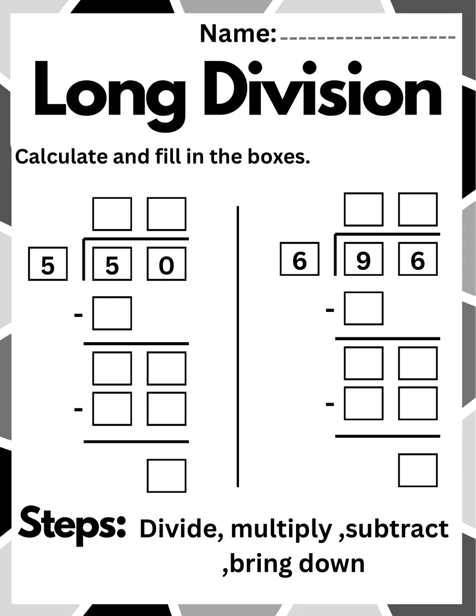 Long division set: students work 50 divided by 5 and 96 divided by 6, filling in the quotient and each subtraction step