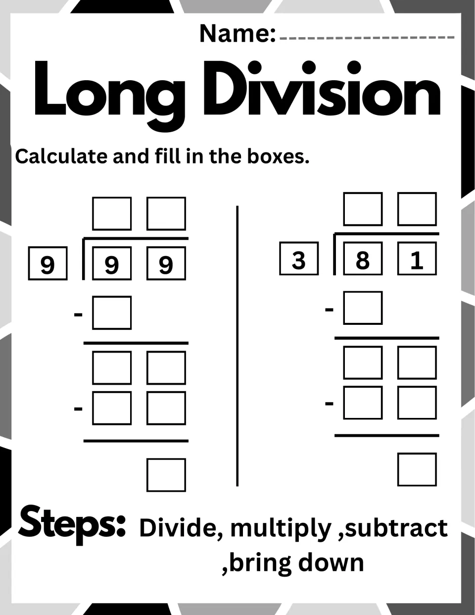 Long division with one-digit divisors: students solve 99 divided by 9 and 81 divided by 3, completing every step