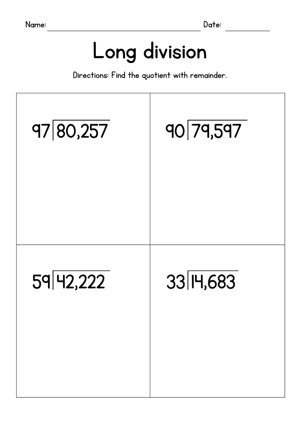 Long division with remainders: students divide 80,257 by 97, 79,597 by 90, 42,222 by 59 and 14,683 by 33