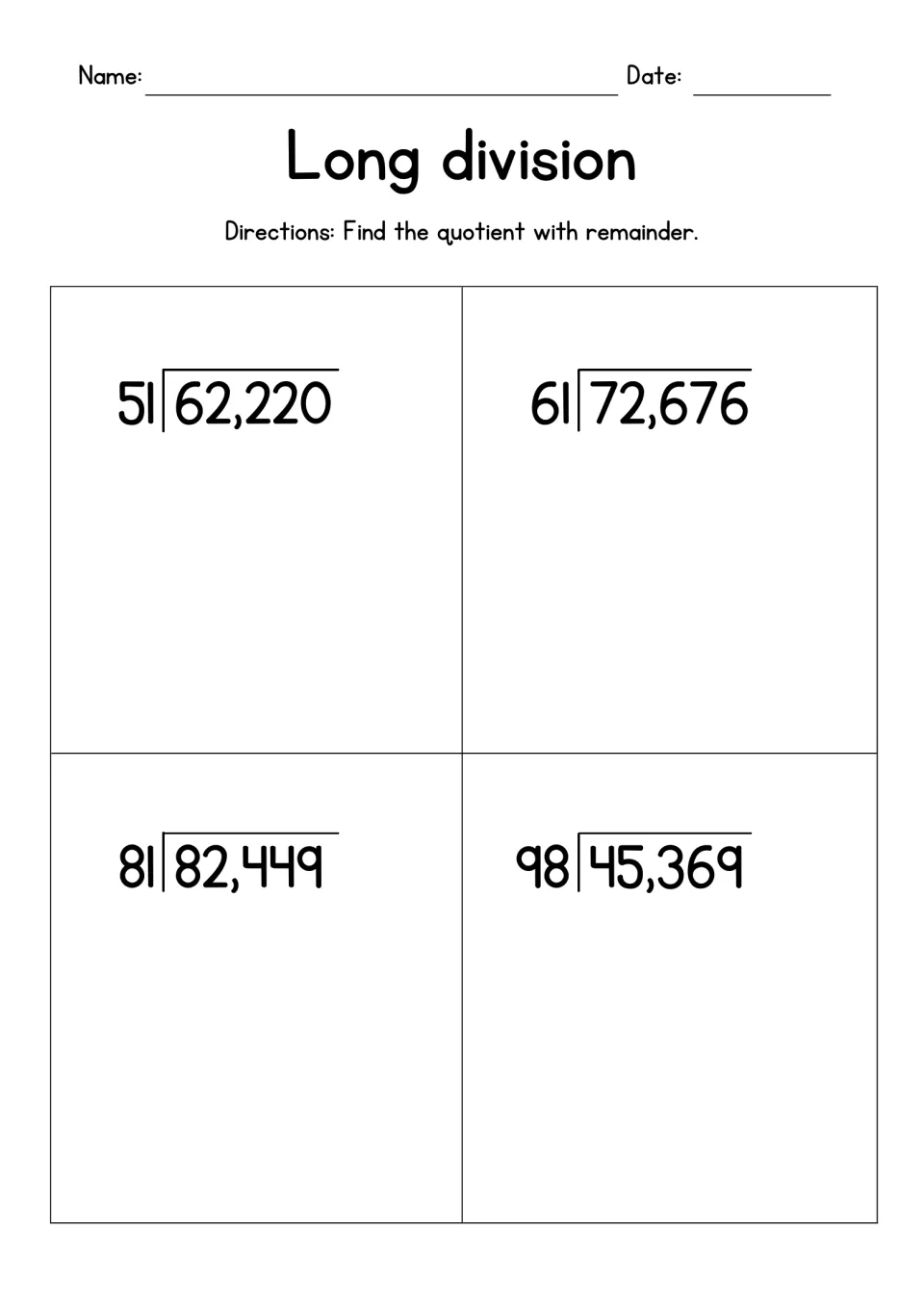 Long division with remainders: students divide 62,220 by 51, 72,676 by 61, 82,449 by 81 and 45,369 by 98