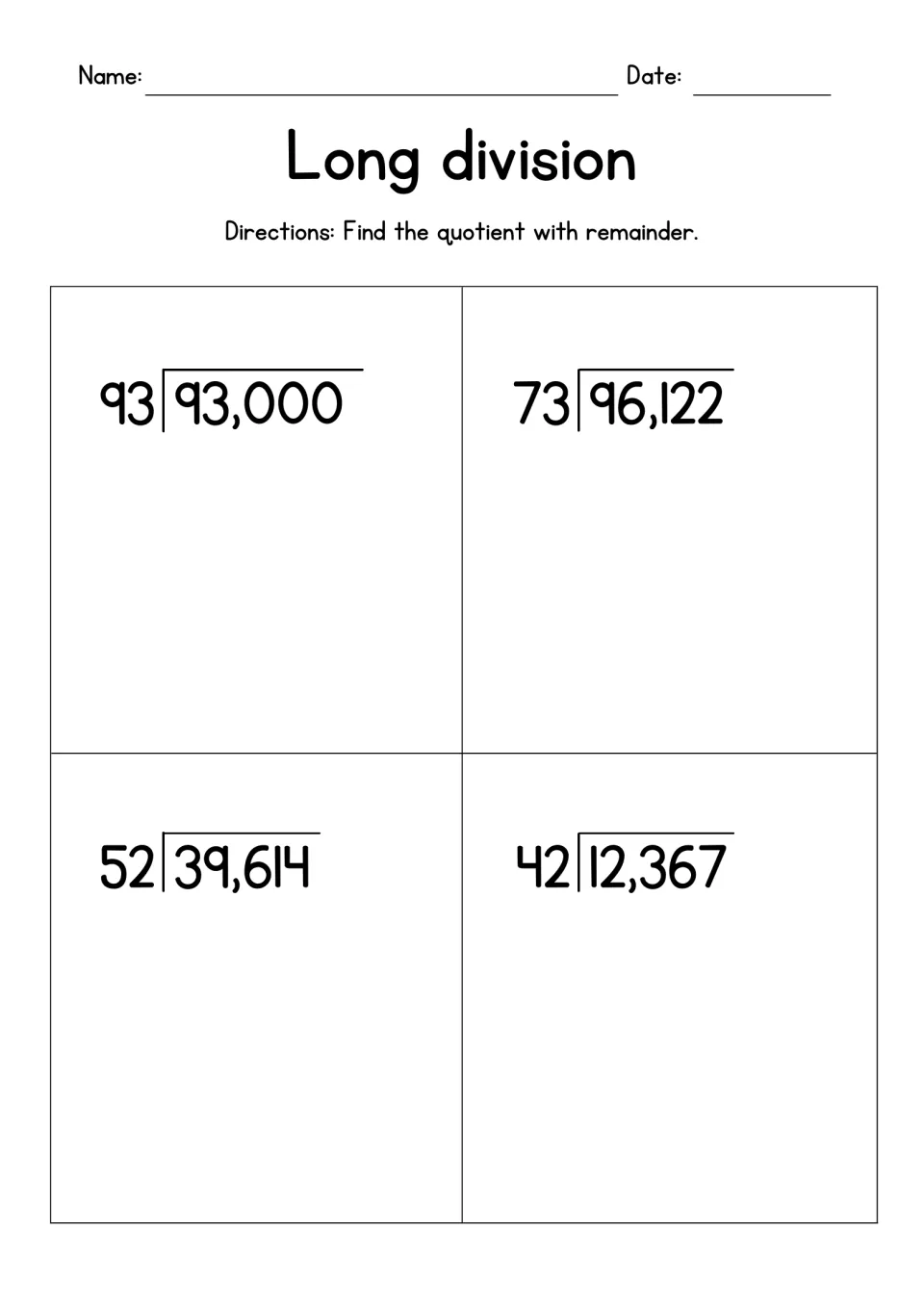 Long division with remainders: students divide 93,000 by 93, 96,122 by 73, 39,614 by 52 and 12,367 by 42