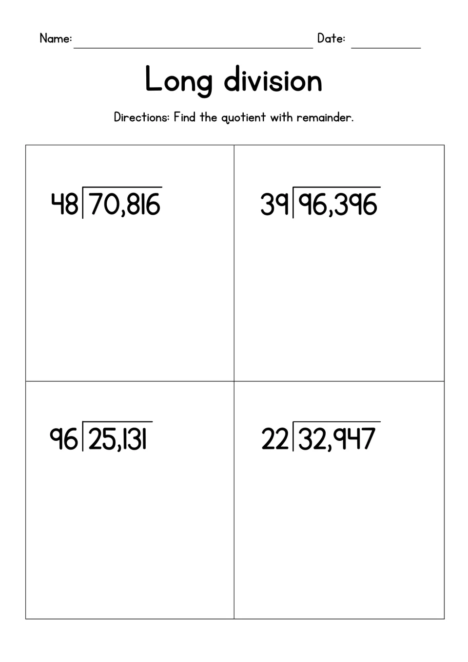 Long division with remainders: students divide 70,816 by 48, 96,396 by 39, 25,131 by 96 and 32,947 by 22
