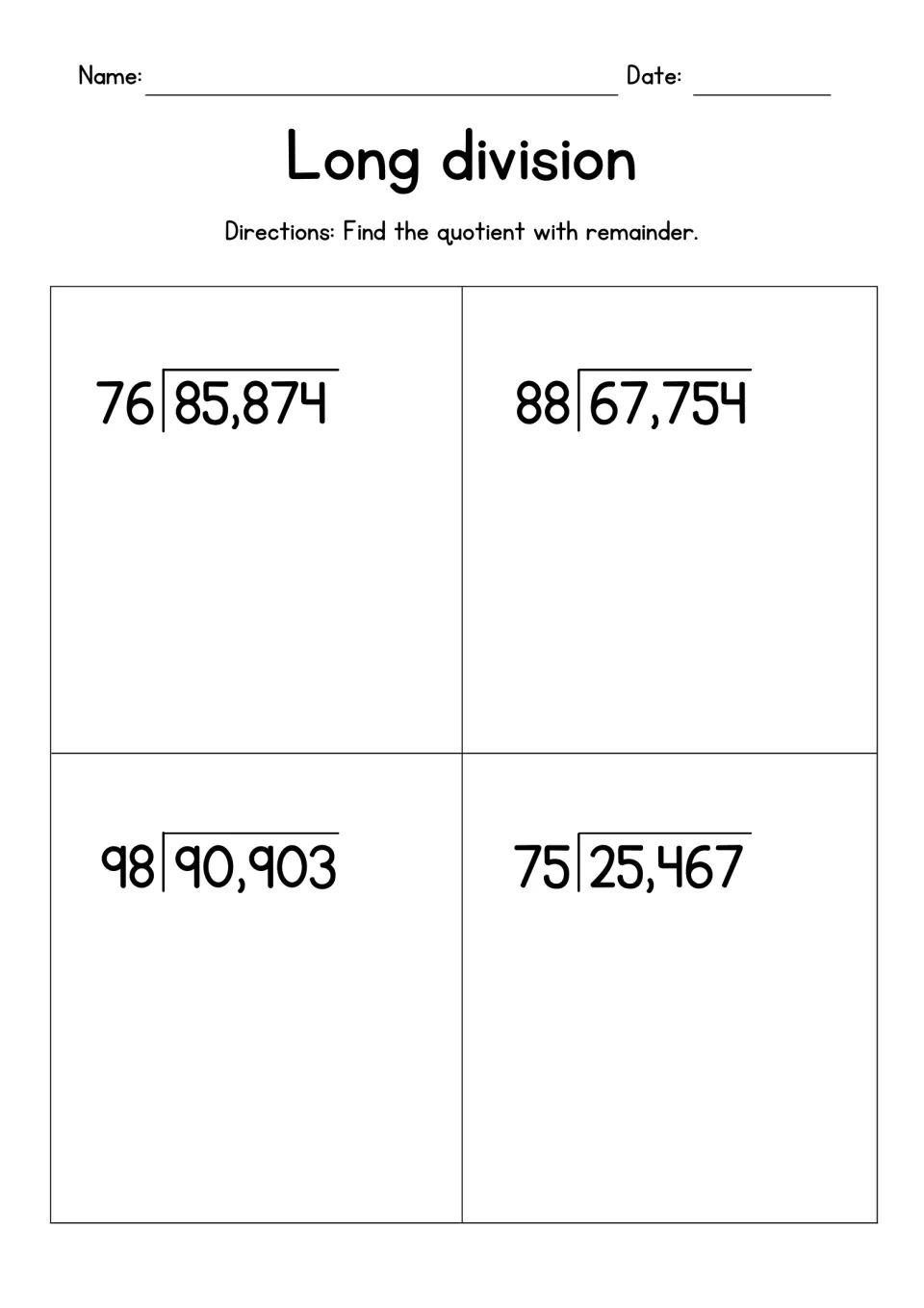 Long division with remainders: students divide 85,874 by 76, 67,754 by 88, 90,903 by 98 and 25,467 by 75