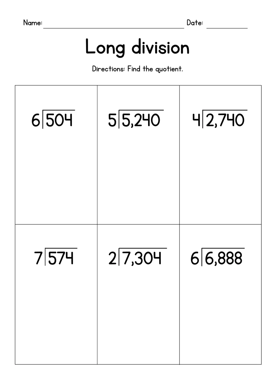 Long division practice: students find the quotient of 6 problems with 1-digit divisors, such as 504 by 6 and 7,304 by 2