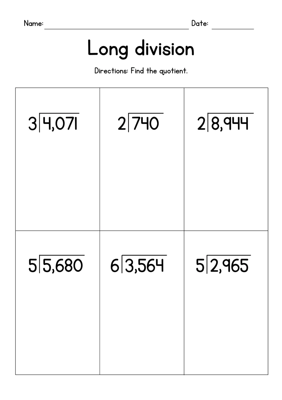 Long division set 2: students find quotients for 6 problems with 1-digit divisors, including 4,071 by 3 and 2,965 by 5
