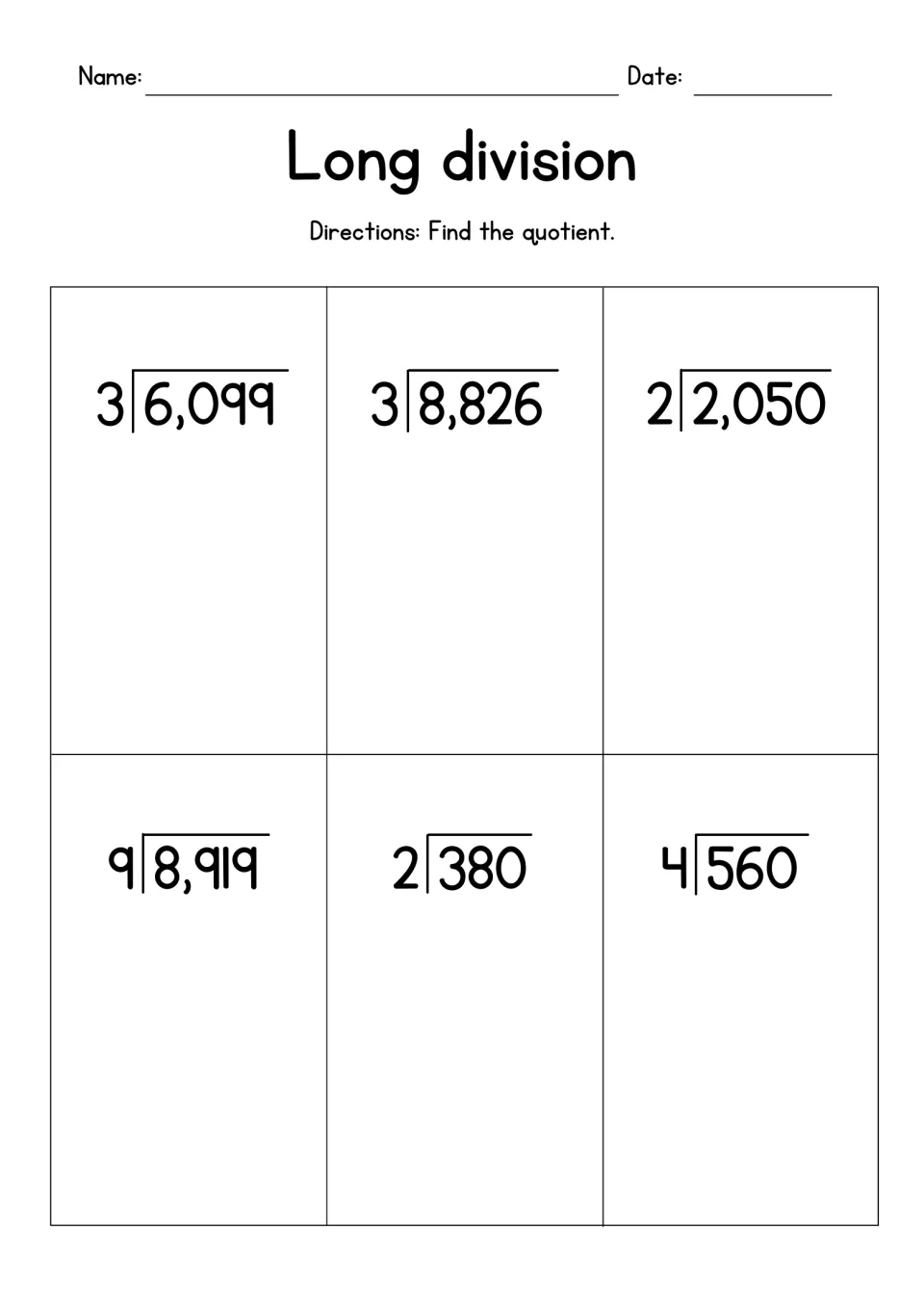 Long division set 3: students divide 3- and 4-digit dividends by 1-digit divisors, such as 6,099 by 3 and 8,919 by 9