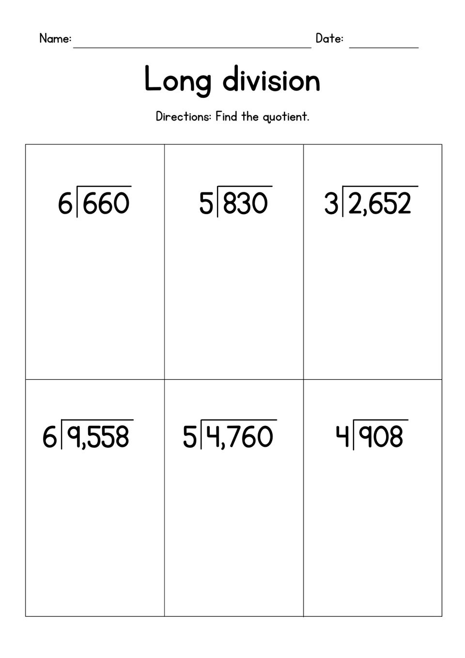 Long division set 4: students find the quotient of six 1-digit divisor problems, from 660 by 6 to 9,558 by 6 and 908 by 4
